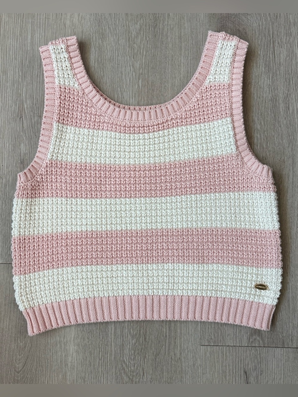GUESS Girls Size 12 Pink White Striped Knit Crop Top Waffle Textured Sleeveless
